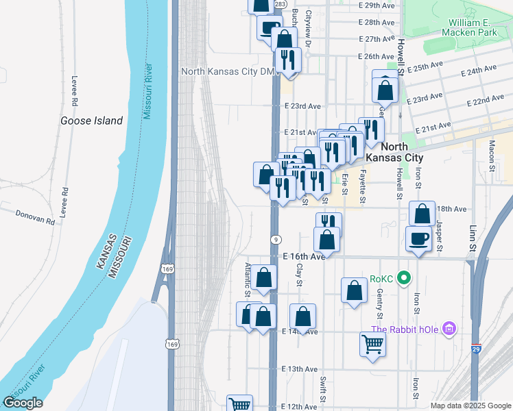 map of restaurants, bars, coffee shops, grocery stores, and more near 1801 Diamond Parkway in North Kansas City