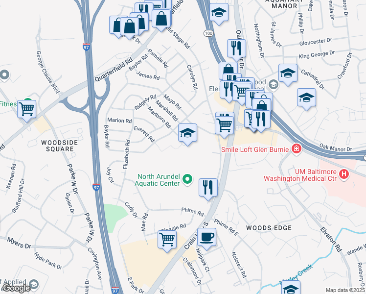 map of restaurants, bars, coffee shops, grocery stores, and more near 500 Marlboro Road in Glen Burnie