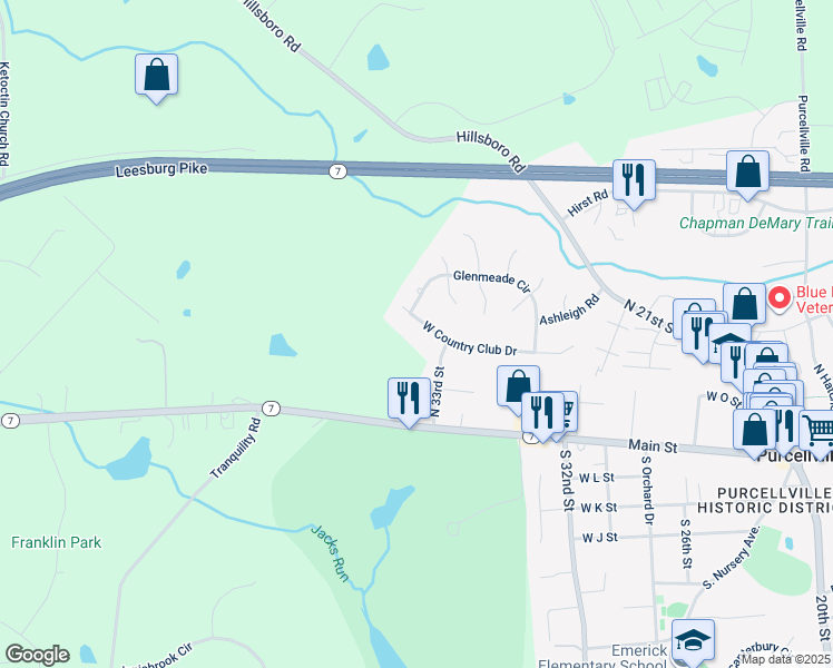 map of restaurants, bars, coffee shops, grocery stores, and more near 920 West Country Club Drive in Purcellville
