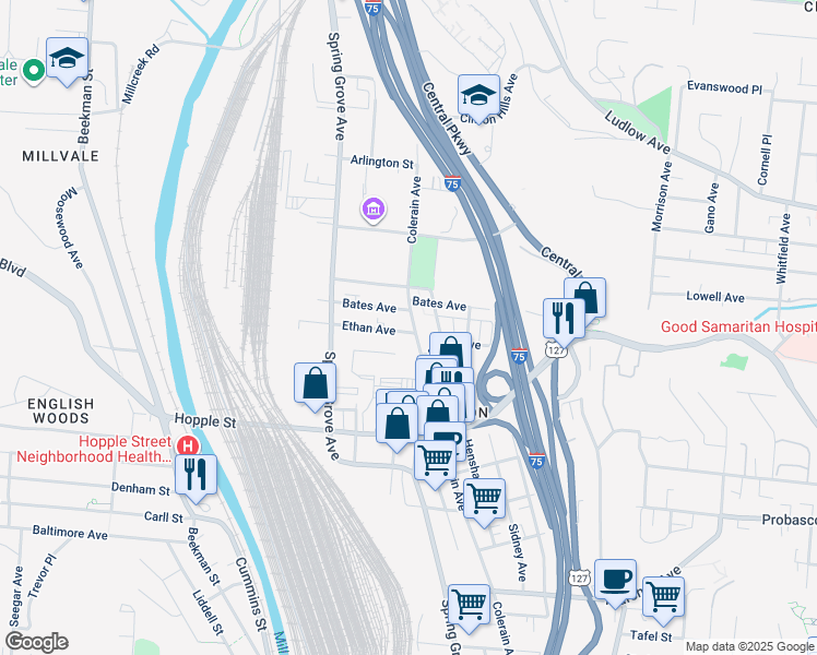 map of restaurants, bars, coffee shops, grocery stores, and more near 3130 Colerain Avenue in Cincinnati