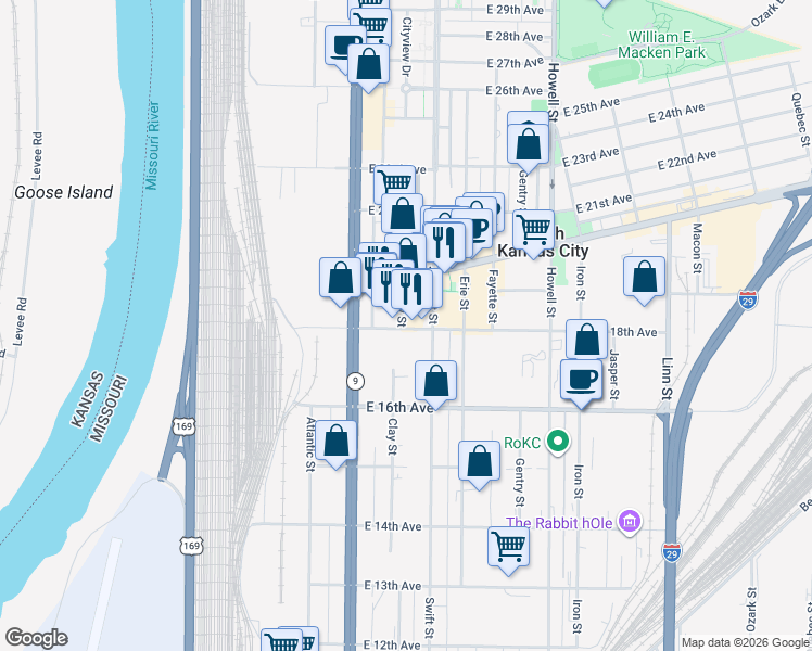 map of restaurants, bars, coffee shops, grocery stores, and more near 1901 Clay Street in North Kansas City