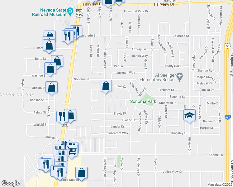 map of restaurants, bars, coffee shops, grocery stores, and more near 3068 Austin Ln in Carson City