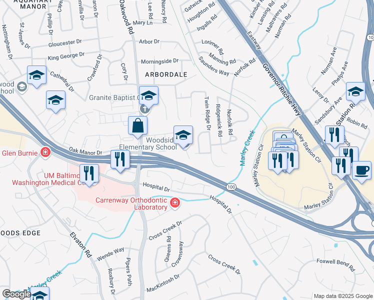 map of restaurants, bars, coffee shops, grocery stores, and more near 160 Funke Road in Glen Burnie