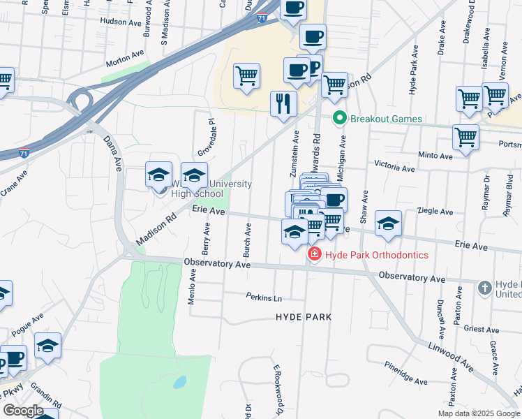 map of restaurants, bars, coffee shops, grocery stores, and more near 2564 Erie Avenue in Cincinnati