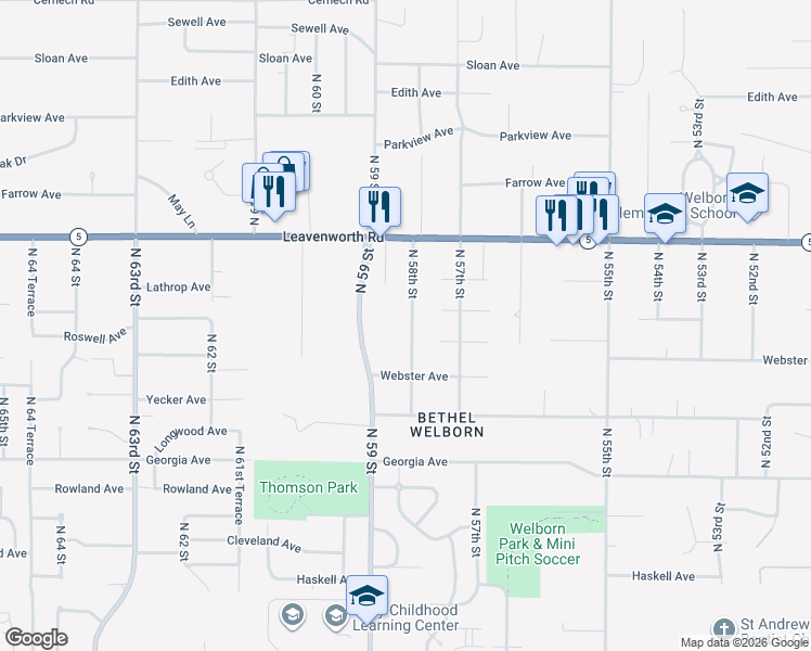 map of restaurants, bars, coffee shops, grocery stores, and more near 2966 North 58th Street in Kansas City