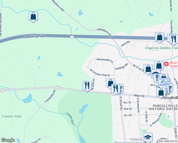 map of restaurants, bars, coffee shops, grocery stores, and more near 920 West Country Club Drive in Purcellville