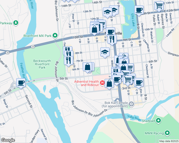 map of restaurants, bars, coffee shops, grocery stores, and more near 819 6th Street in Marysville