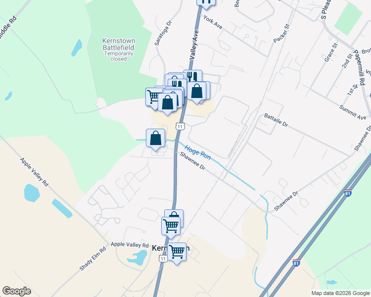 map of restaurants, bars, coffee shops, grocery stores, and more near 3128 Valley Avenue in Winchester