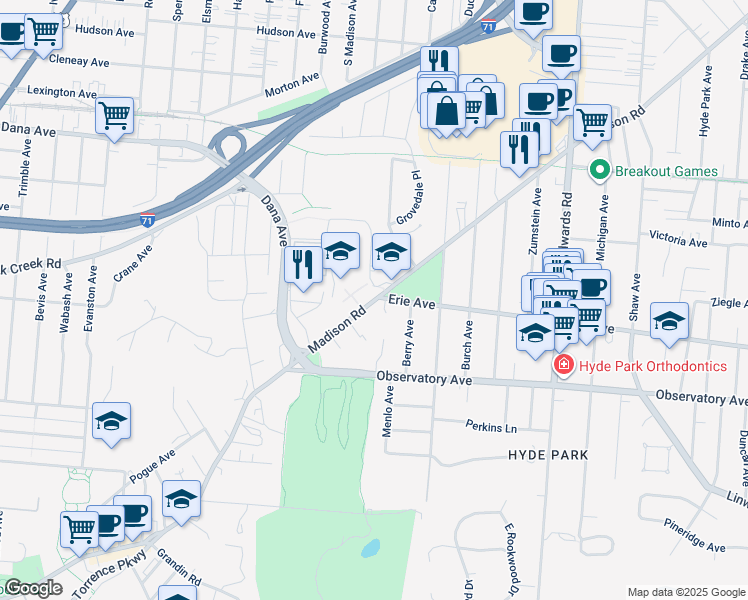 map of restaurants, bars, coffee shops, grocery stores, and more near 2488 Madison Road in Cincinnati