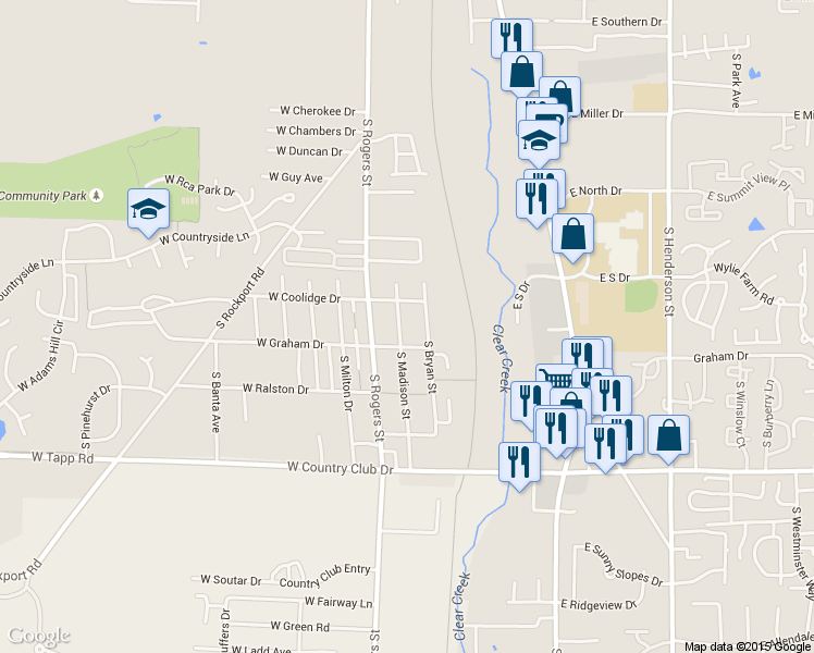 map of restaurants, bars, coffee shops, grocery stores, and more near 2404 South Madison Street in Bloomington