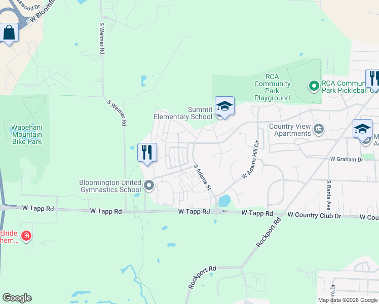 map of restaurants, bars, coffee shops, grocery stores, and more near 2551 South Adams Street in Bloomington