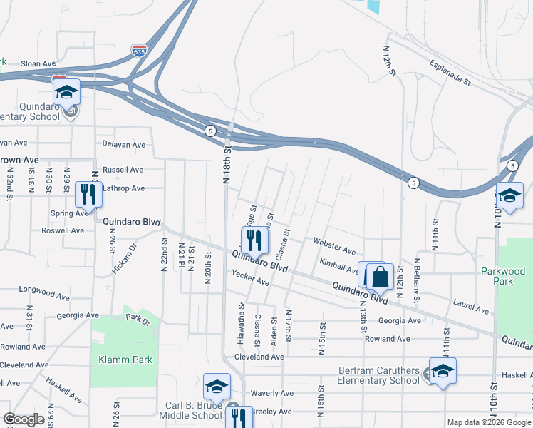 map of restaurants, bars, coffee shops, grocery stores, and more near 3010 Hiawatha Street in Kansas City