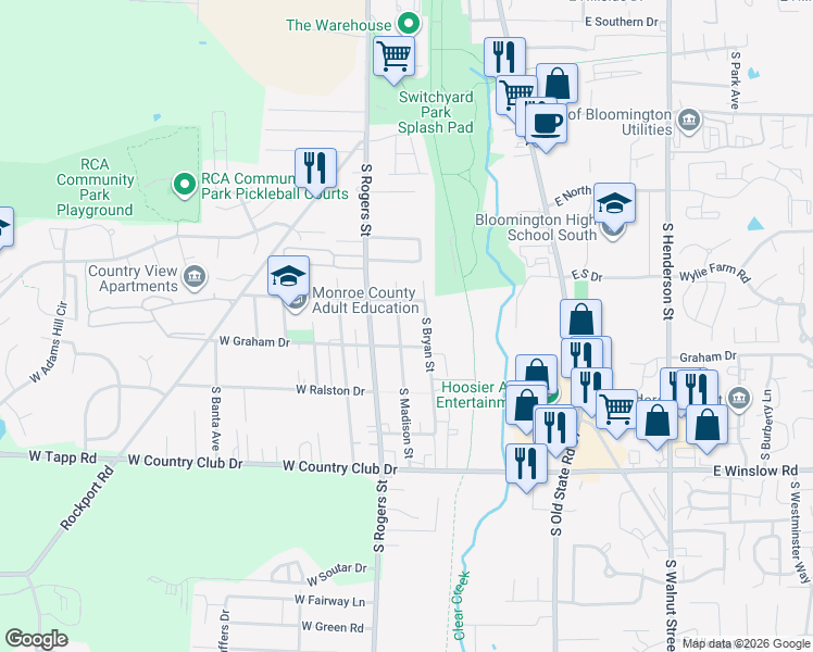 map of restaurants, bars, coffee shops, grocery stores, and more near 2404 South Madison Street in Bloomington