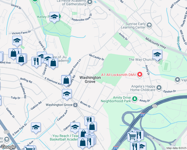 map of restaurants, bars, coffee shops, grocery stores, and more near Grove Avenue in Washington Grove