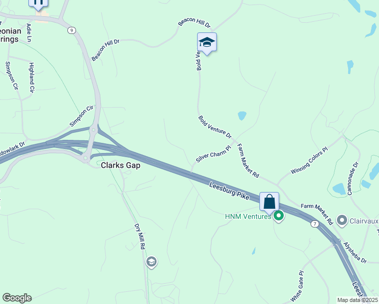 map of restaurants, bars, coffee shops, grocery stores, and more near 17233 Silver Charm Place in Leesburg