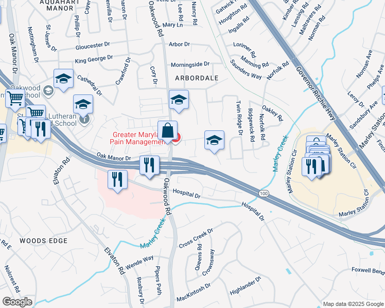 map of restaurants, bars, coffee shops, grocery stores, and more near 180 Jessica Lane in Glen Burnie
