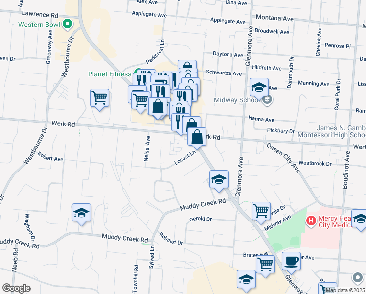 map of restaurants, bars, coffee shops, grocery stores, and more near 3509 Werk Road in Cincinnati