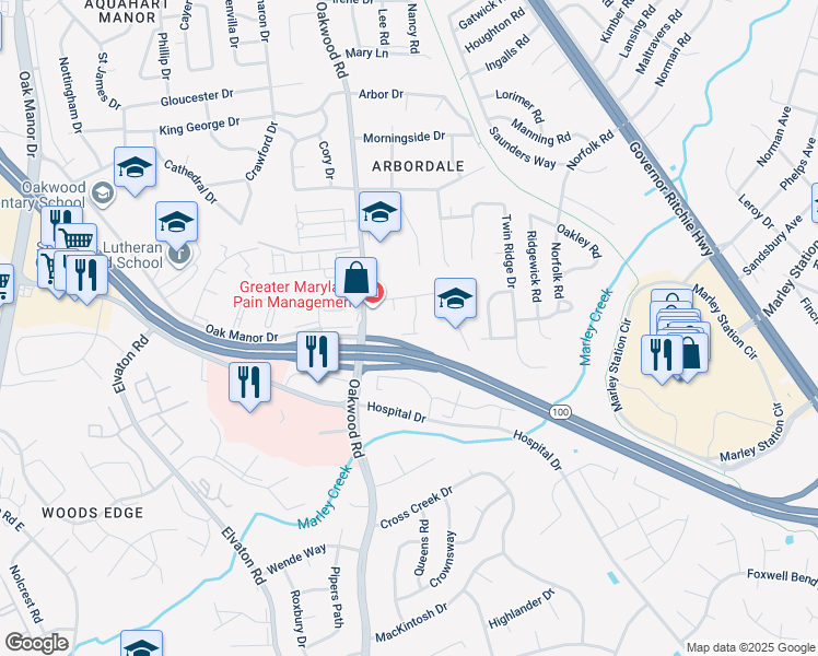 map of restaurants, bars, coffee shops, grocery stores, and more near 180 Jessica Lane in Glen Burnie