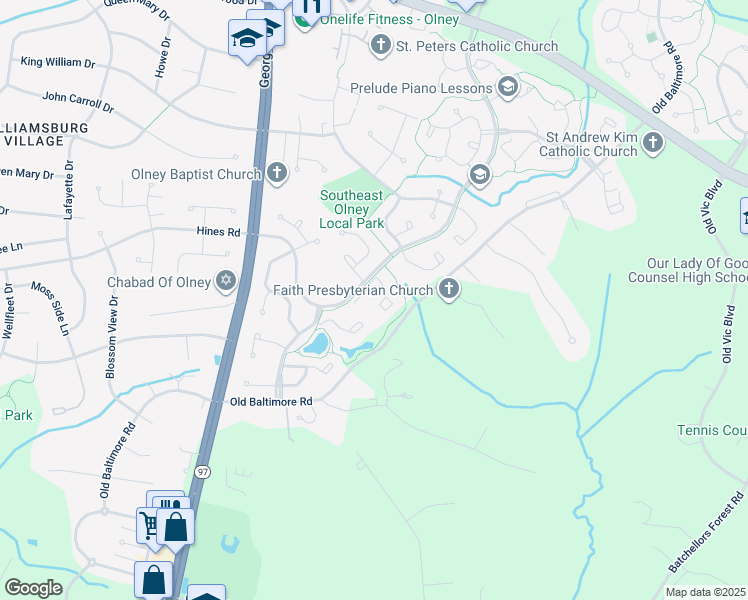 map of restaurants, bars, coffee shops, grocery stores, and more near 3424 Queensborough Drive in Olney