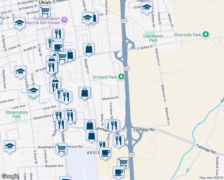 map of restaurants, bars, coffee shops, grocery stores, and more near 48 Lorraine Street in Ukiah