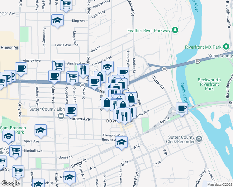 map of restaurants, bars, coffee shops, grocery stores, and more near in Yuba City