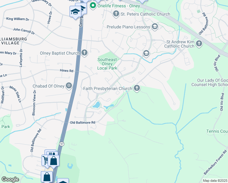 map of restaurants, bars, coffee shops, grocery stores, and more near 3424 Queensborough Drive in Olney