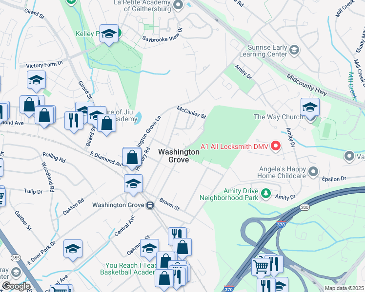 map of restaurants, bars, coffee shops, grocery stores, and more near 309 1st Avenue in Washington Grove