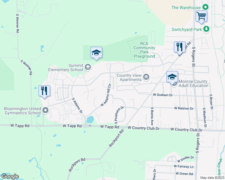 map of restaurants, bars, coffee shops, grocery stores, and more near 2435 South Woolery Mill Drive in Bloomington