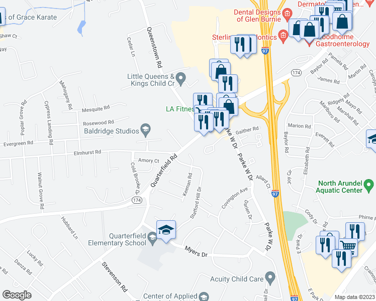 map of restaurants, bars, coffee shops, grocery stores, and more near 643 Westphalia Court in Glen Burnie