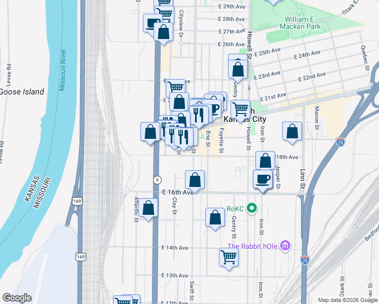 map of restaurants, bars, coffee shops, grocery stores, and more near 1901 Clay Street in North Kansas City