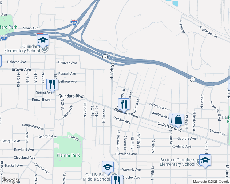 map of restaurants, bars, coffee shops, grocery stores, and more near 3042 North 18th Street in Kansas City