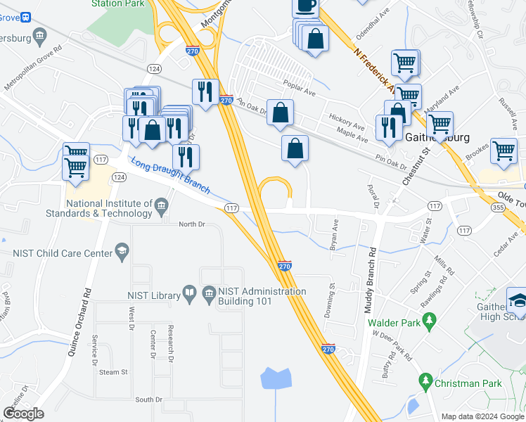 map of restaurants, bars, coffee shops, grocery stores, and more near 577 West Diamond Avenue in Gaithersburg