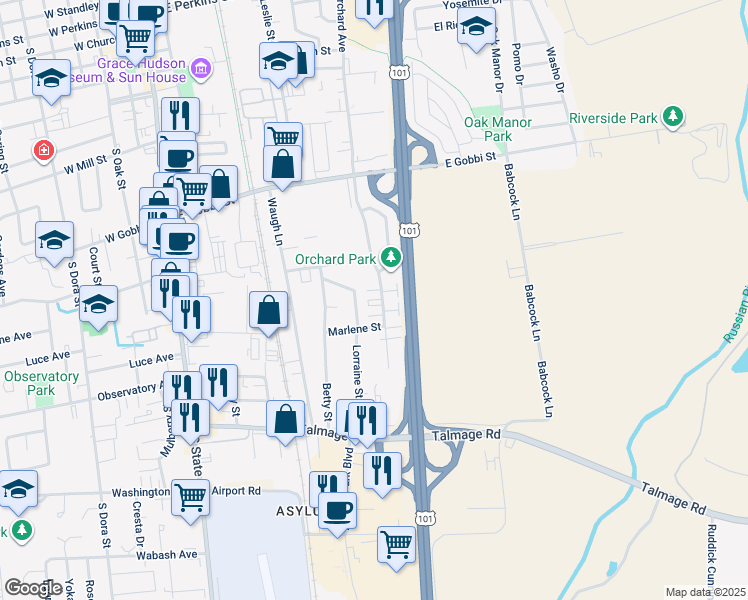 map of restaurants, bars, coffee shops, grocery stores, and more near 52 Lorraine Street in Ukiah