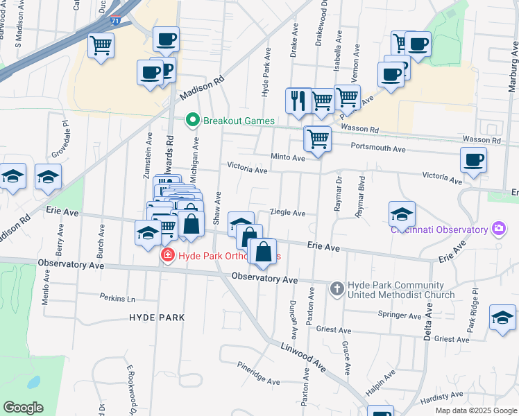map of restaurants, bars, coffee shops, grocery stores, and more near 3561 Saint Charles Place in Cincinnati