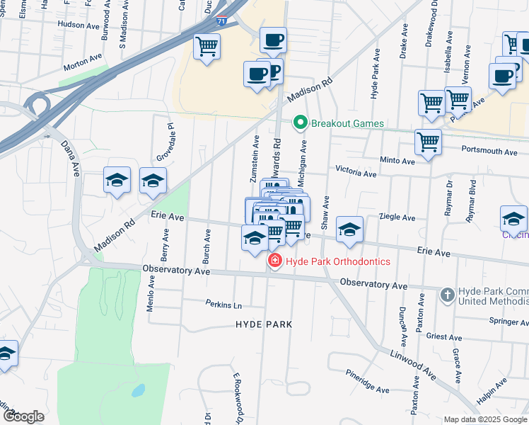 map of restaurants, bars, coffee shops, grocery stores, and more near 3534 Zumstein Avenue in Cincinnati
