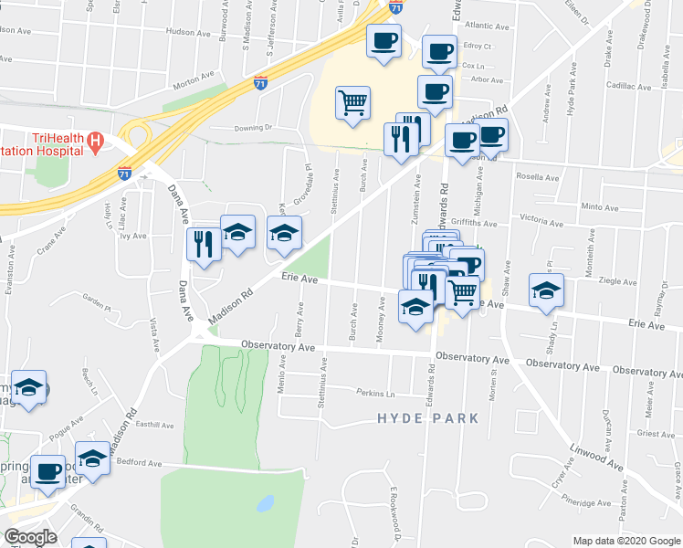 map of restaurants, bars, coffee shops, grocery stores, and more near 3521 Stettinius Avenue in Cincinnati