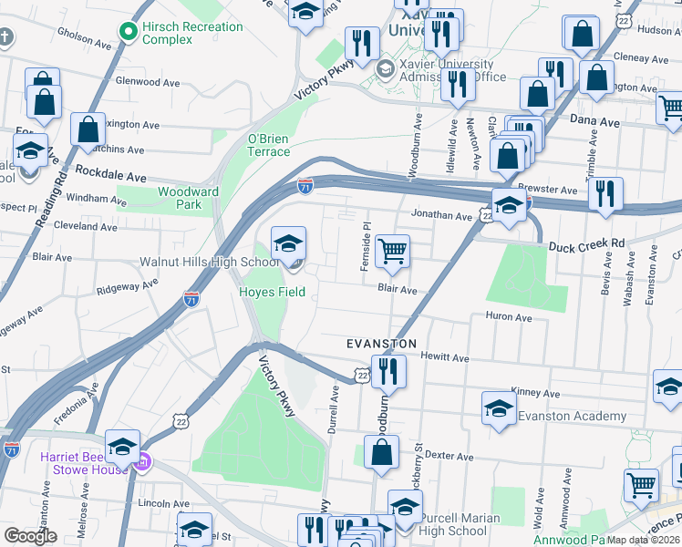 map of restaurants, bars, coffee shops, grocery stores, and more near 3419 Pleasant View Avenue in Cincinnati