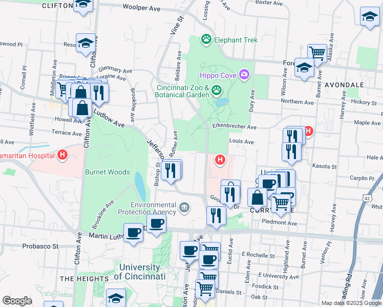 map of restaurants, bars, coffee shops, grocery stores, and more near in Cincinnati