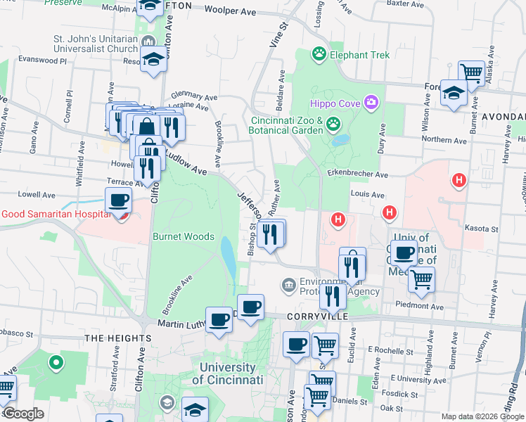 map of restaurants, bars, coffee shops, grocery stores, and more near 3300 Jefferson Avenue in Cincinnati