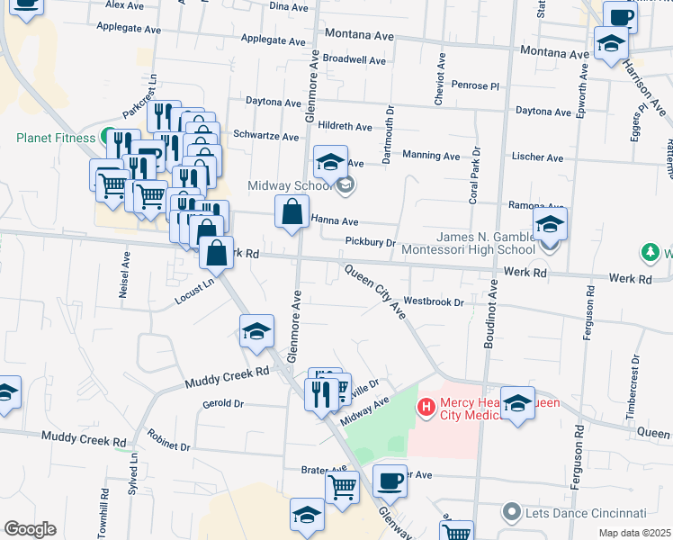 map of restaurants, bars, coffee shops, grocery stores, and more near 3268 Werk Road in Cincinnati