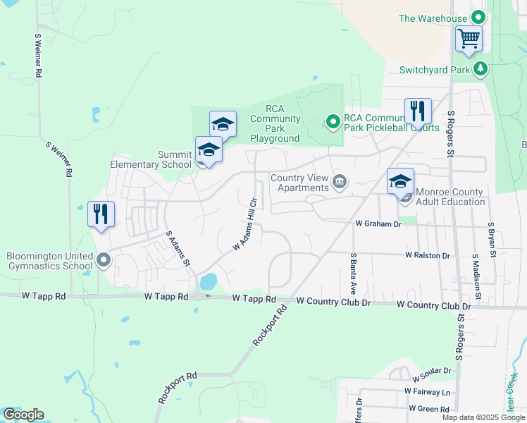 map of restaurants, bars, coffee shops, grocery stores, and more near 2435 South Woolery Mill Drive in Bloomington