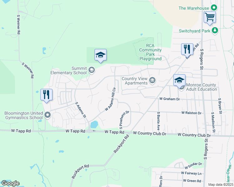map of restaurants, bars, coffee shops, grocery stores, and more near 2435 South Woolery Mill Drive in Bloomington