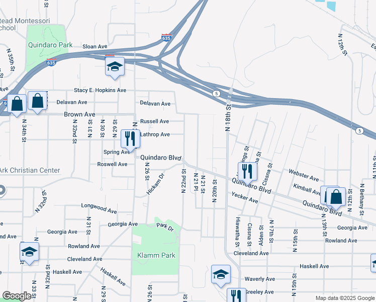map of restaurants, bars, coffee shops, grocery stores, and more near 3043 North 22nd Street in Kansas City