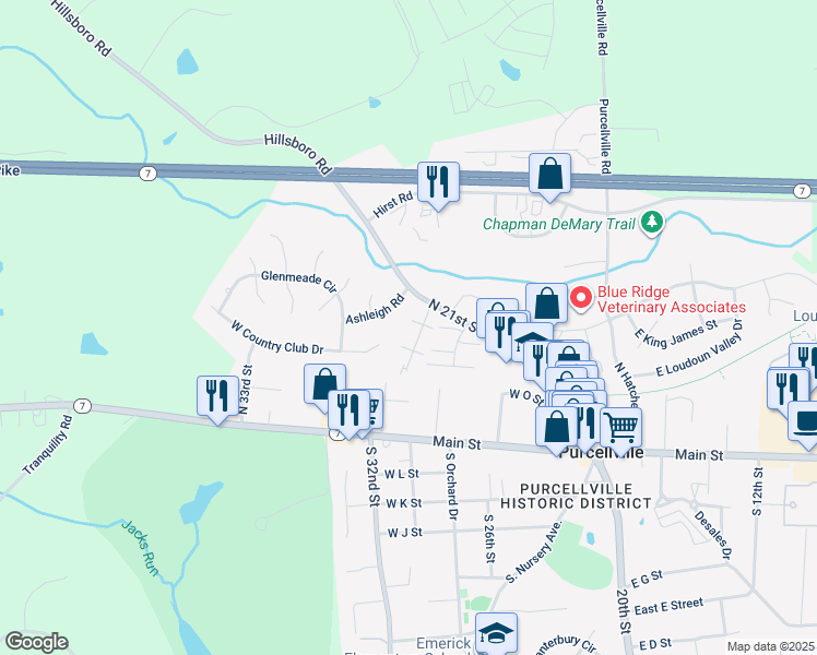 map of restaurants, bars, coffee shops, grocery stores, and more near 409 Leeds Ridge Court in Purcellville