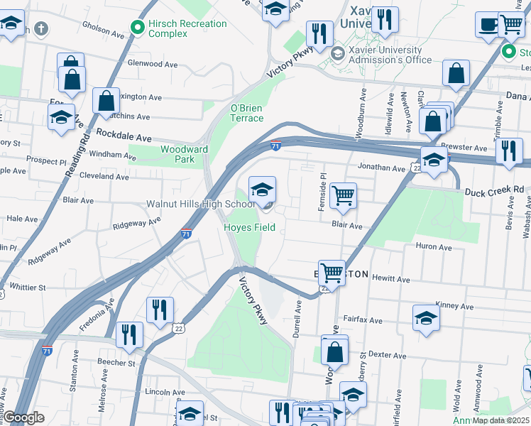 map of restaurants, bars, coffee shops, grocery stores, and more near 3250 Victory Parkway in Cincinnati