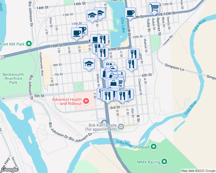 map of restaurants, bars, coffee shops, grocery stores, and more near 525 E Street in Marysville