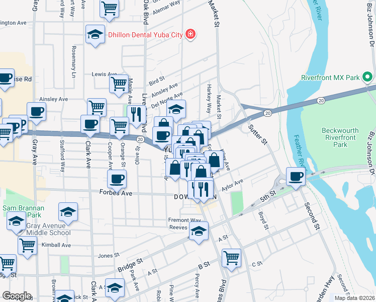 map of restaurants, bars, coffee shops, grocery stores, and more near in Yuba City