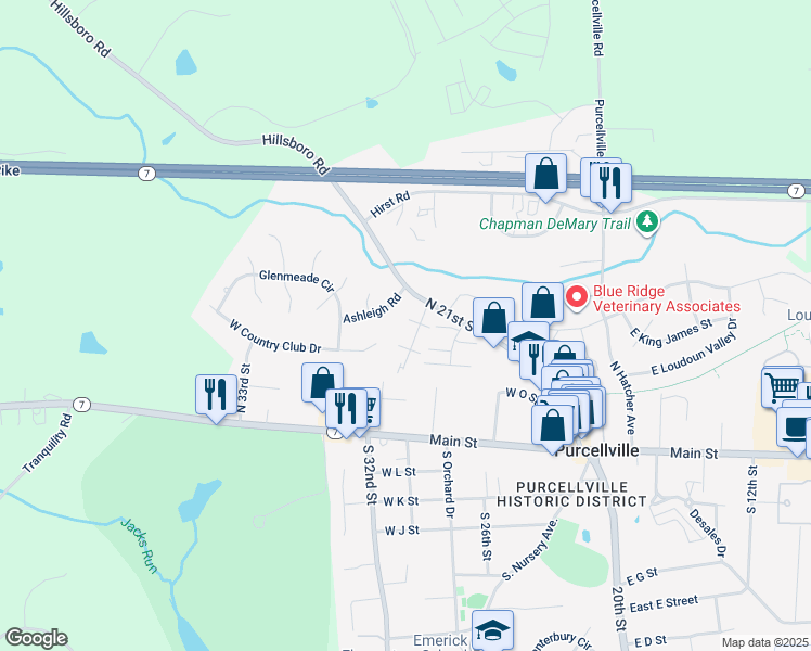 map of restaurants, bars, coffee shops, grocery stores, and more near 409 Leeds Ridge Court in Purcellville
