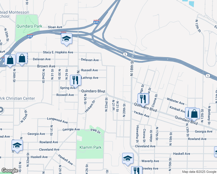 map of restaurants, bars, coffee shops, grocery stores, and more near 3043 North 22nd Street in Kansas City