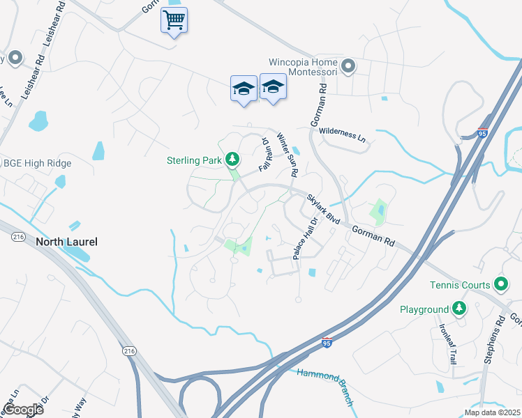 map of restaurants, bars, coffee shops, grocery stores, and more near 9923 Fragrant Lilies Way in Laurel